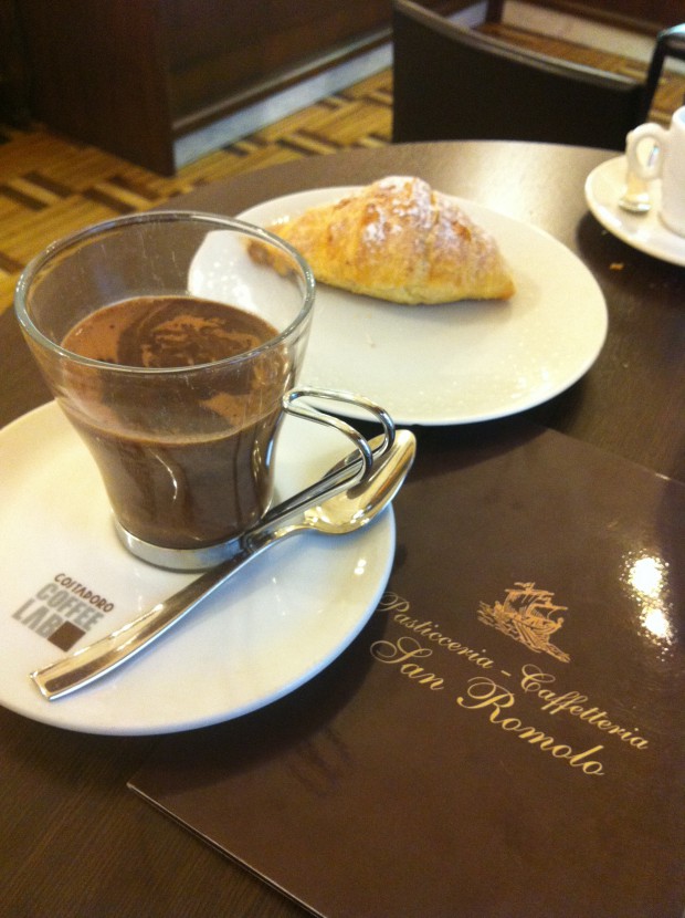 Hot Choclate and briosche at San Romolo Cafetteria